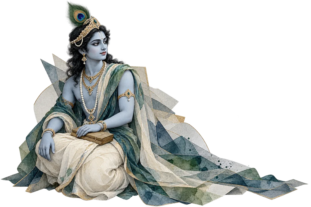 Sri Krishna with a peacock feather and flute, in sculptural paper and graphite relief.