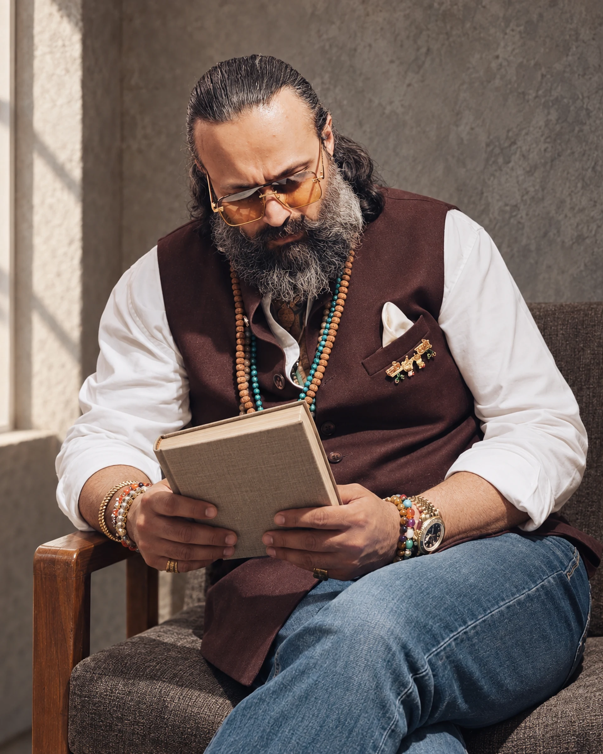 Pavan Mulani, seated and reading